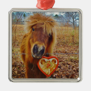 Valentine Heart  Miniature brown Horse Metal Ornament