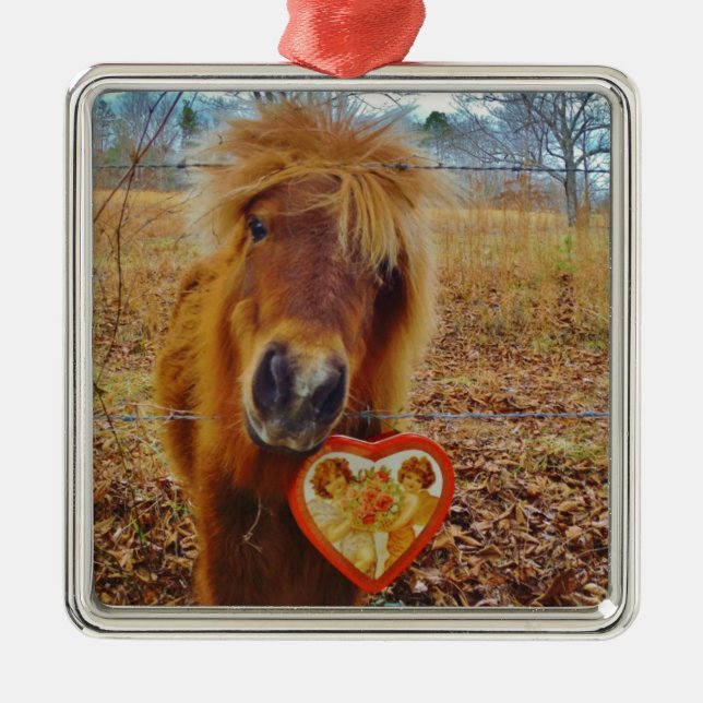 Valentine Heart  Miniature brown Horse Metal Ornament (Front)