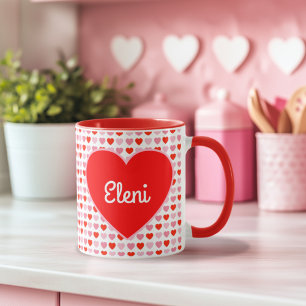 Valentine Heart Pattern & Red Heart Custom Name Mug