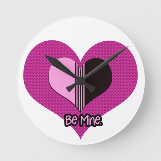 Valentine Heart Pink and Black Be Mine Round Clock (Front)