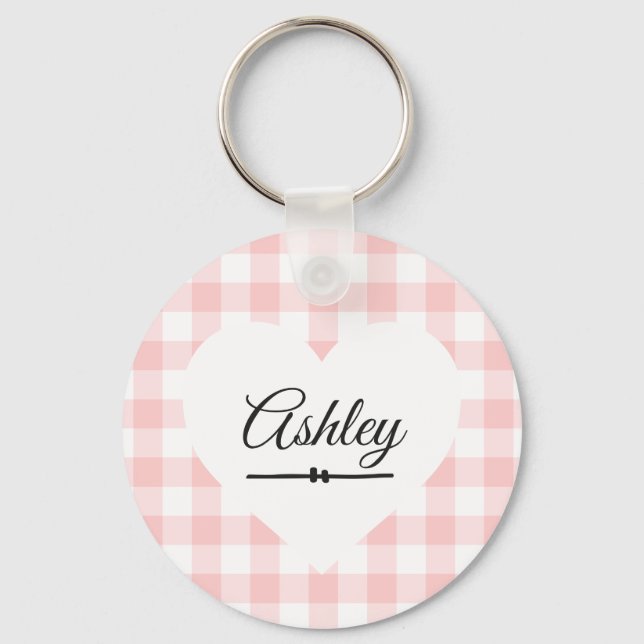 Valentine Heart Pink Gingham Name Monogram Key Ring (Front)