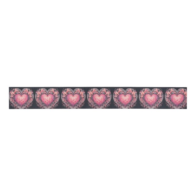 Valentine Heart Pink Love Flowers Ornaments  Grosgrain Ribbon (Front)