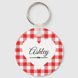 Valentine Heart Red Gingham Name Monogram Key Ring