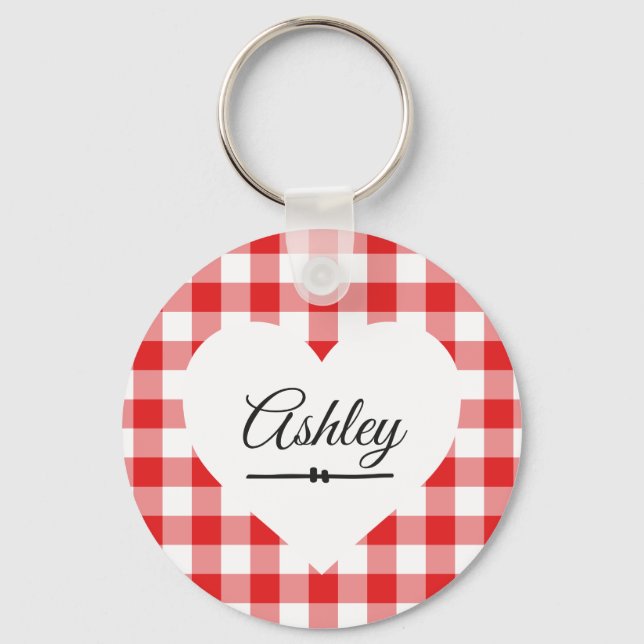 Valentine Heart Red Gingham Name Monogram Key Ring (Front)