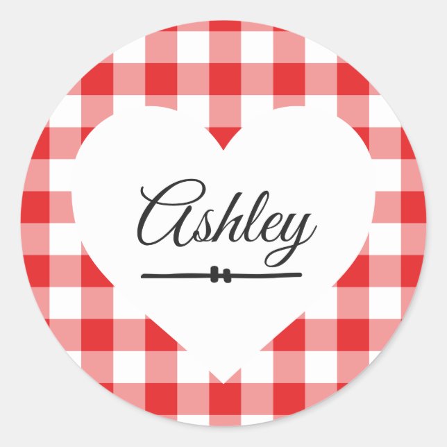 Valentine Heart Red Gingham Pattern Name Monogram Classic Round Sticker (Front)
