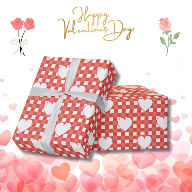 Valentine heart red gingham pattern wrapping paper (Creator Uploaded)