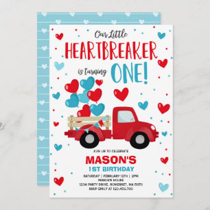 Valentine Heartbreaker 1st Birthday Red Blue Truck Invitation