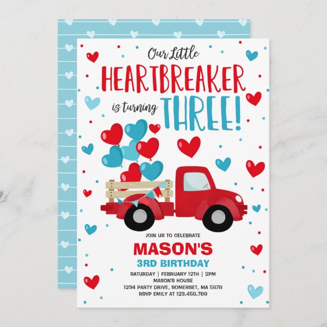 Valentine Heartbreaker 3rd Birthday Red Blue Truck Invitation (Front/Back)