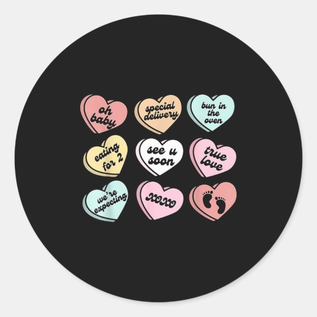 Valentine Hearts Candy Pregnancy Announcement Baby Classic Round Sticker (Front)