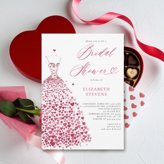 Valentine Hearts Dress Elegant Chic Bridal Shower Invitation (valentine bridal shower invitations whimsical hearts watercolor elegant dress modern minimalist chic)