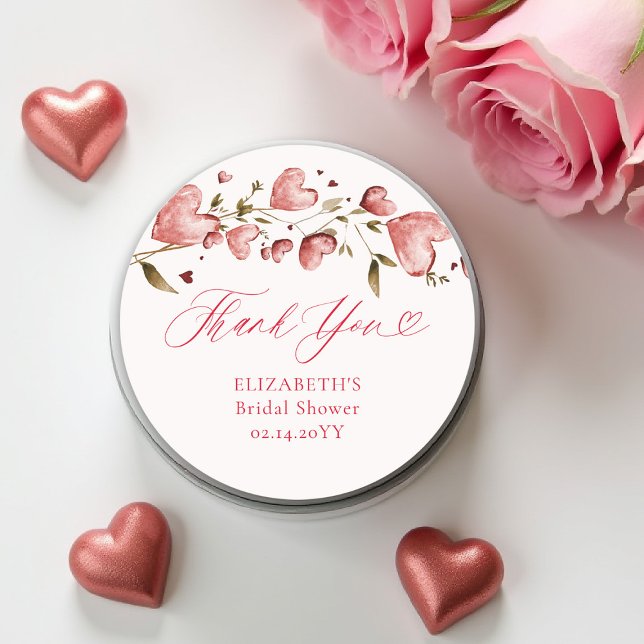 Valentine Hearts Love Garden Vines Bridal Shower Classic Round Sticker (valentine bridal shower sticker brunch bubbly watercolor hearts showered with love garden party)