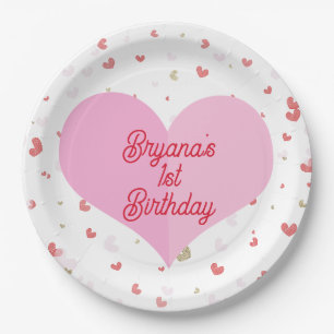 Valentine Hearts Pink Red & Gold Party Paper Plate