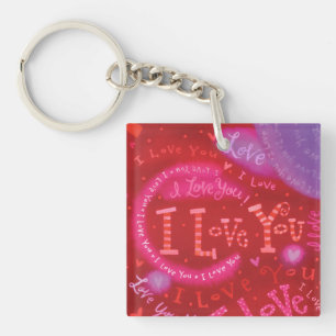 Valentine Hearts Pink Red I Love You Typography Key Ring