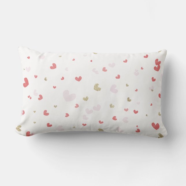 Valentine Hearts Red Pink & Gold Lumbar Cushion (Front)