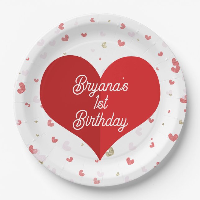 Valentine Hearts Red Pink & Gold Party Paper Plate (Front)