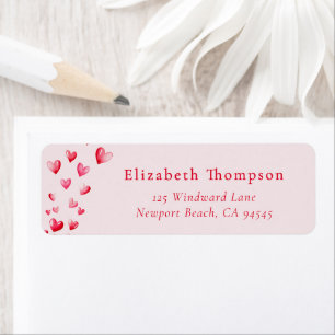 Valentine Hearts Whimsical Pink Red Watercolor Return Address Label