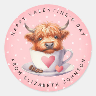 Valentine Highland Cow Personalised Name Round  Classic Round Sticker