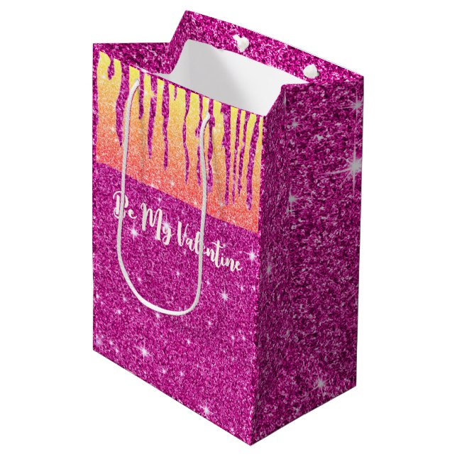 Valentine Hot Pink Glitter Two Tone  Medium Gift Bag (Front Angled)