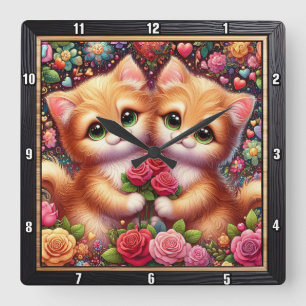 Valentine Kitten Couple Rose Wall Square Wall Clock