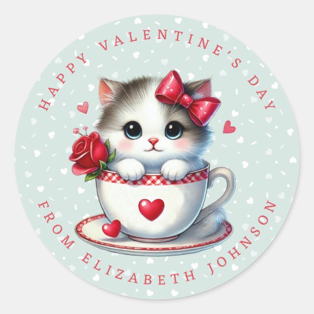 Valentine Kitten Personalised Name Round Sticker (Front)