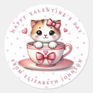 Valentine Kitten Personalised Name Round Stickers