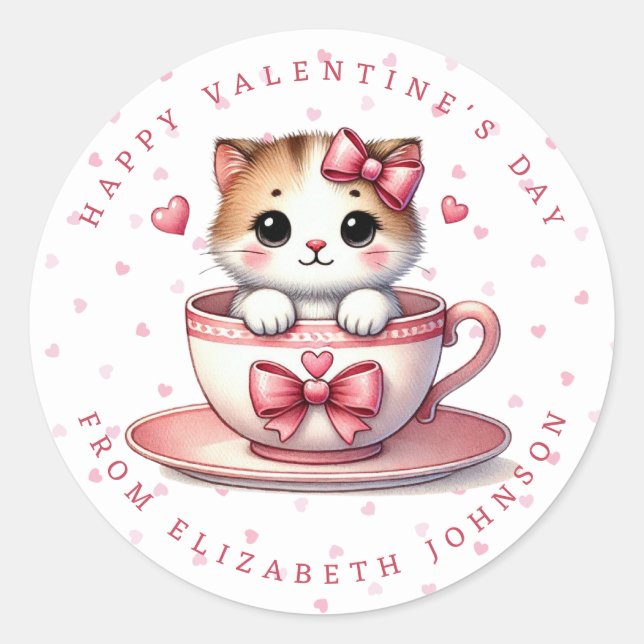 Valentine Kitten Personalised Name Round Stickers (Front)