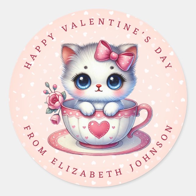 Valentine Kitten Personalised Name Round Stickers (Front)