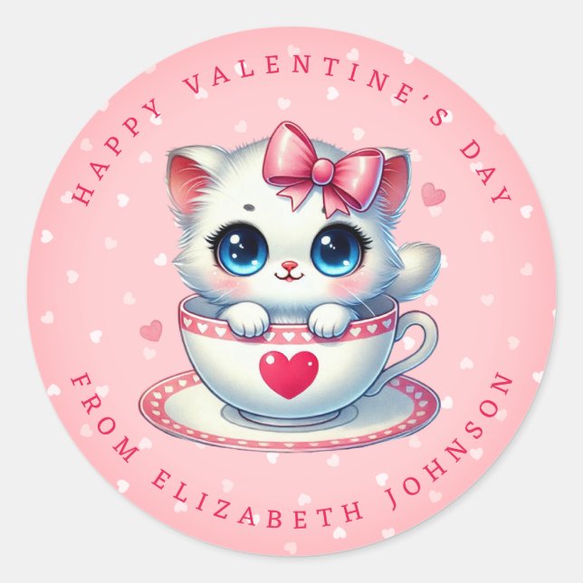 Valentine Kitten Personalised Name Round Stickers (Front)