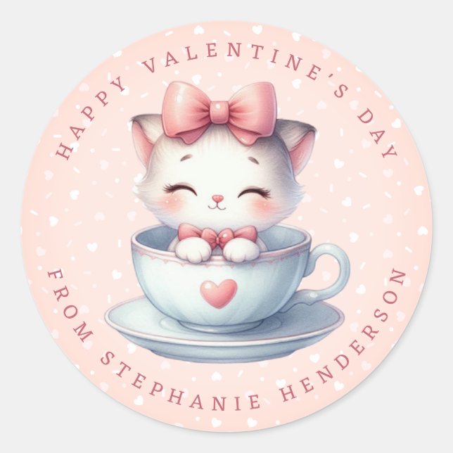 Valentine Kitten Personalised Name Round Stickers (Front)