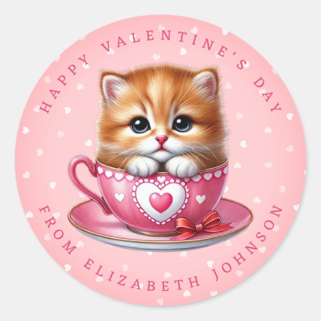 Valentine Kitten Personalised Name Round Stickers (Front)