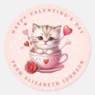 Valentine Kitten Personalised Name Round Stickers
