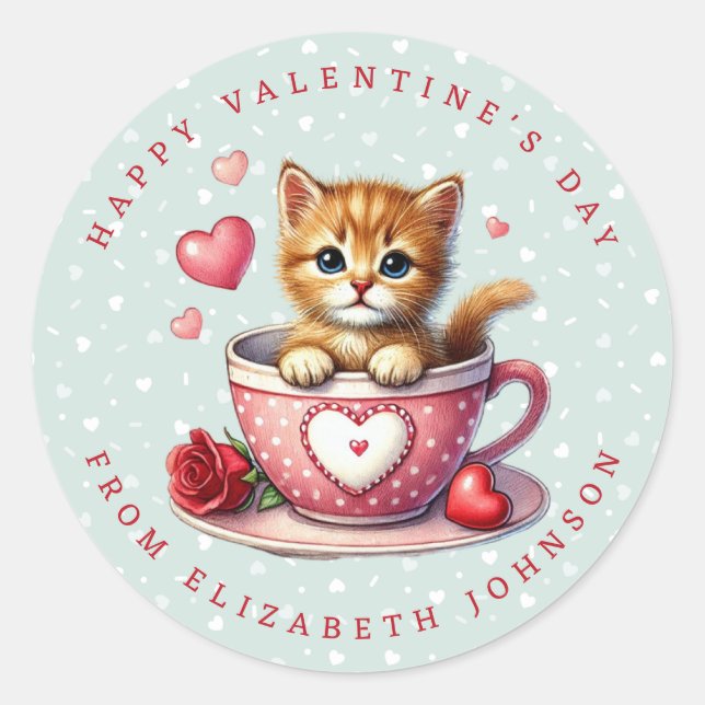 Valentine Kitten Personalised Name Round Stickers (Front)