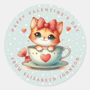 Valentine Kitten Personalised Name Round Stickers