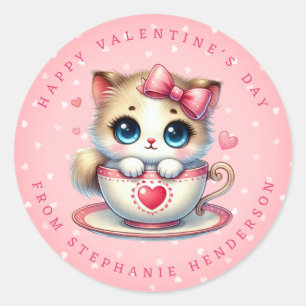 Valentine Kitten Personalised Name Round Stickers