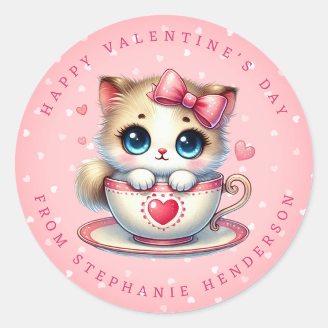 Valentine Kitten Personalised Name Round Stickers (Front)