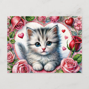 Valentine Kitten with Red Roses Postcard