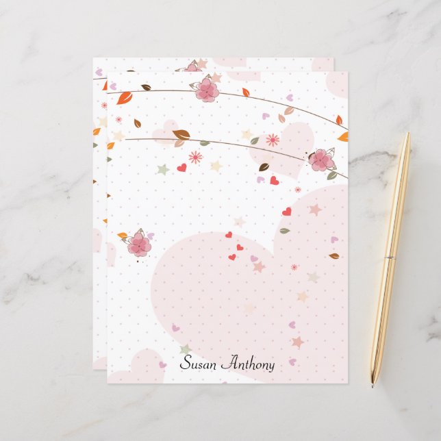 Valentine Leaves Hearts Flowers Stationary Paper (Front/Back In Situ)