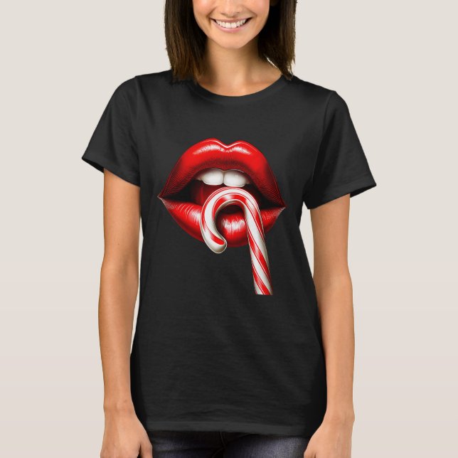 Valentine Lips Kisses Valentines Funny Candy Cane  T-Shirt (Front)