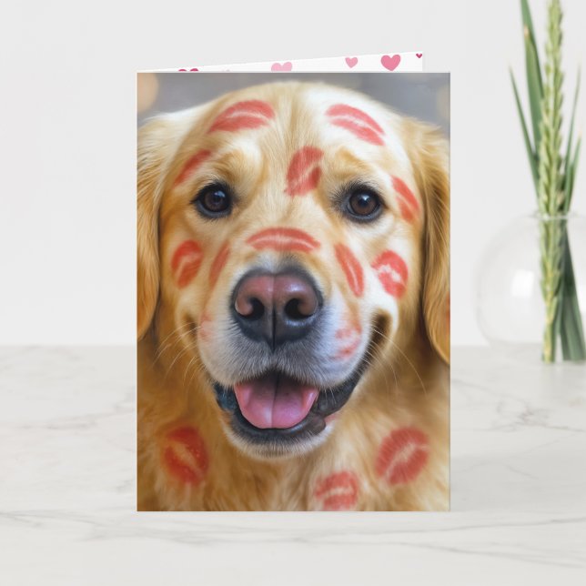 Valentine Lipstick Kisses On a Golden Retriever Card (Front)
