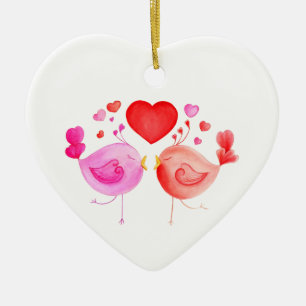 Valentine love birds red pink art ornament