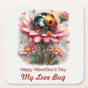Valentine Love Bug on Blossoms Rose Square Paper Coaster