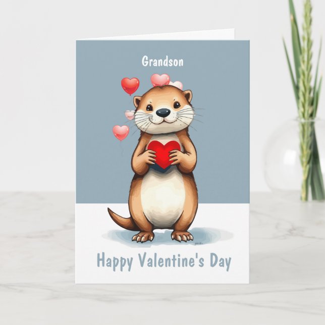 Valentine Love Fun Cute Otter Love You Grandson Holiday Card (Front)