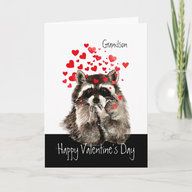 Valentine Love Fun Racoon Blowing Kisses Grandson Holiday Card (Front)