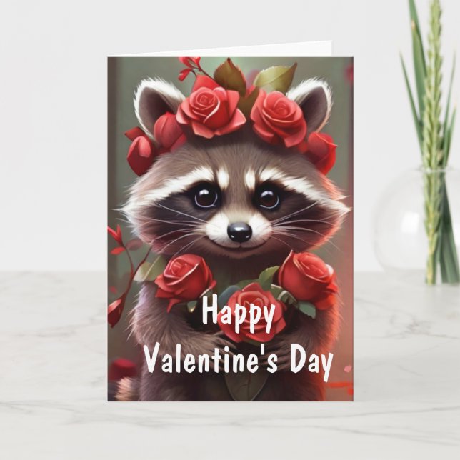 Valentine Love Fun Racoon Kisses  and roses Holiday Card (Front)