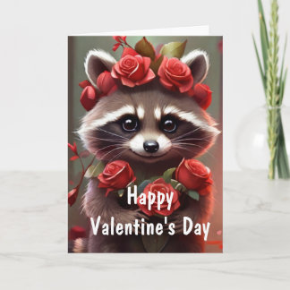 Valentine Love Fun Racoon Kisses  and roses Holiday Card