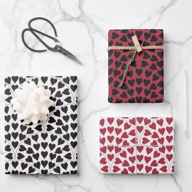 Valentine love heart scallop black red & white  wrapping paper sheet (Front)
