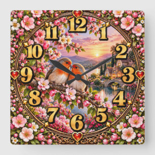 Valentine Lovebirds by the Lake Square Wall Clock