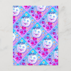 VALENTINE MAN IN THE MOON, HEAVENLY STARS & HEARTS HOLIDAY POSTCARD