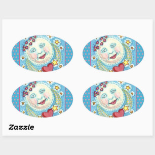 VALENTINE MAN IN THE MOON, HEAVENLY STARS & HEARTS OVAL STICKER