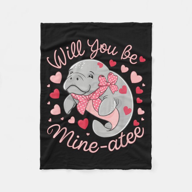 Valentine Manatee Cute Animal Hearts Will You Be M Fleece Blanket (Front)